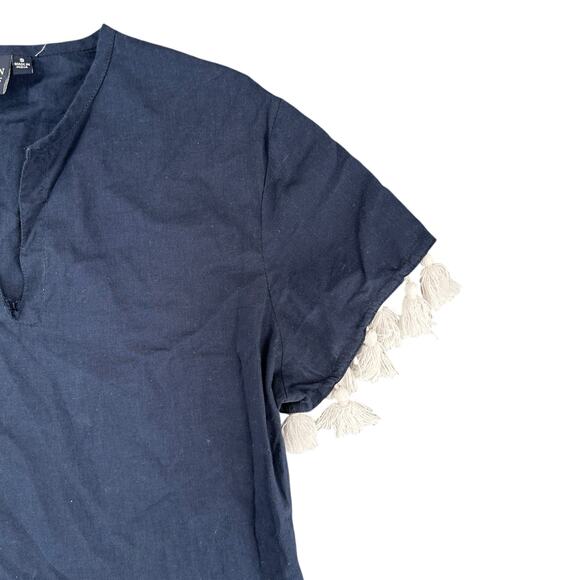 Madison Mathews Navy Blue Shift Dress Short Sleeve Tassels Boho Oversized Small - Picture 2 of 5